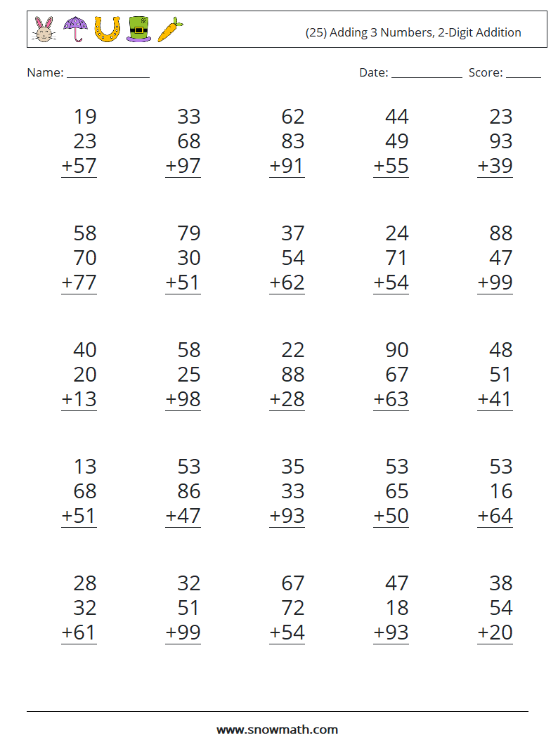 (25) Adding 3 Numbers, 2-Digit Addition Maths Worksheets 7