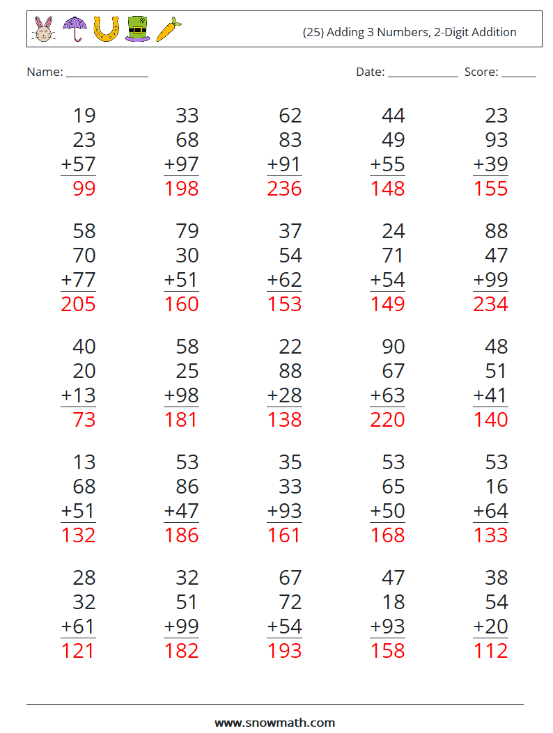 (25) Adding 3 Numbers, 2-Digit Addition Math Worksheets 7 Question, Answer