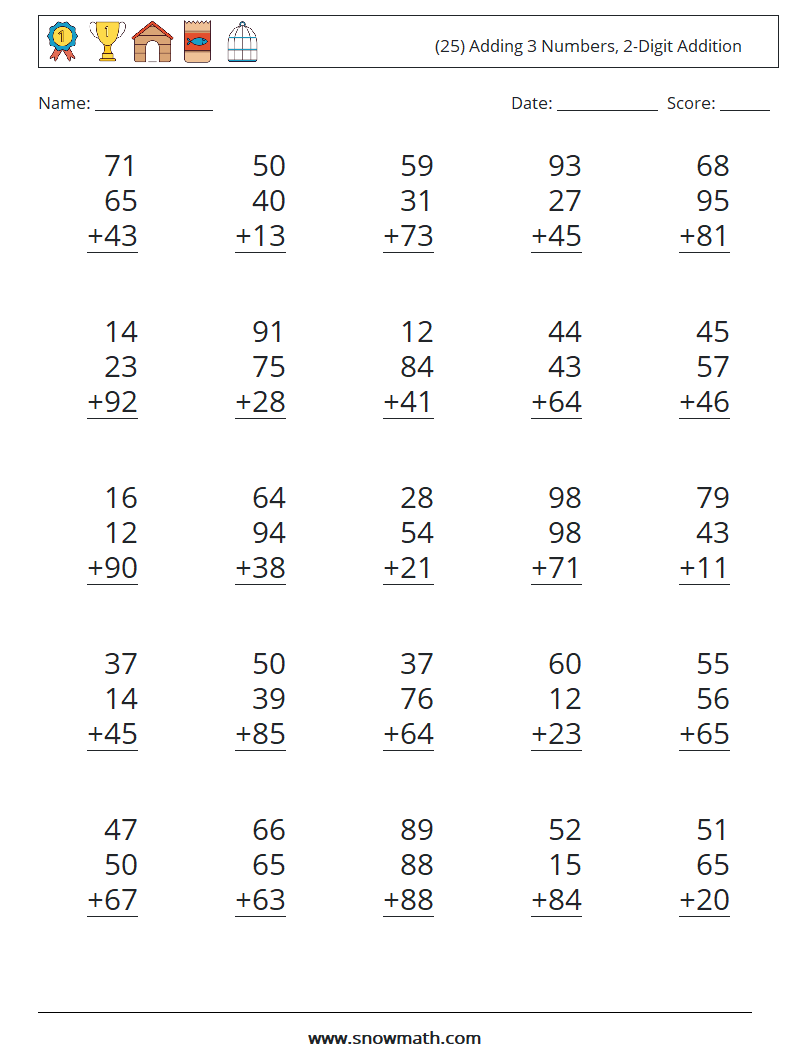 (25) Adding 3 Numbers, 2-Digit Addition Math Worksheets 8