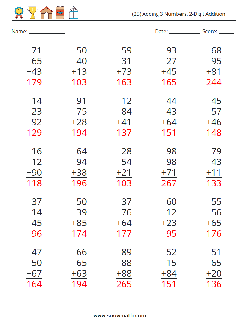 (25) Adding 3 Numbers, 2-Digit Addition Math Worksheets 8 Question, Answer