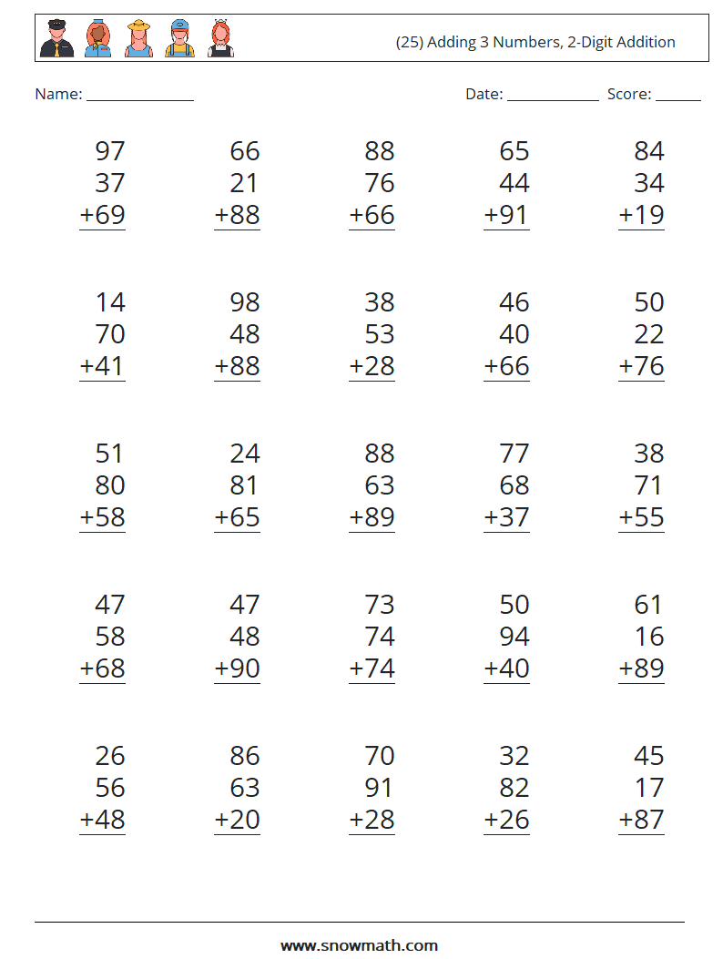 (25) Adding 3 Numbers, 2-Digit Addition Maths Worksheets 9