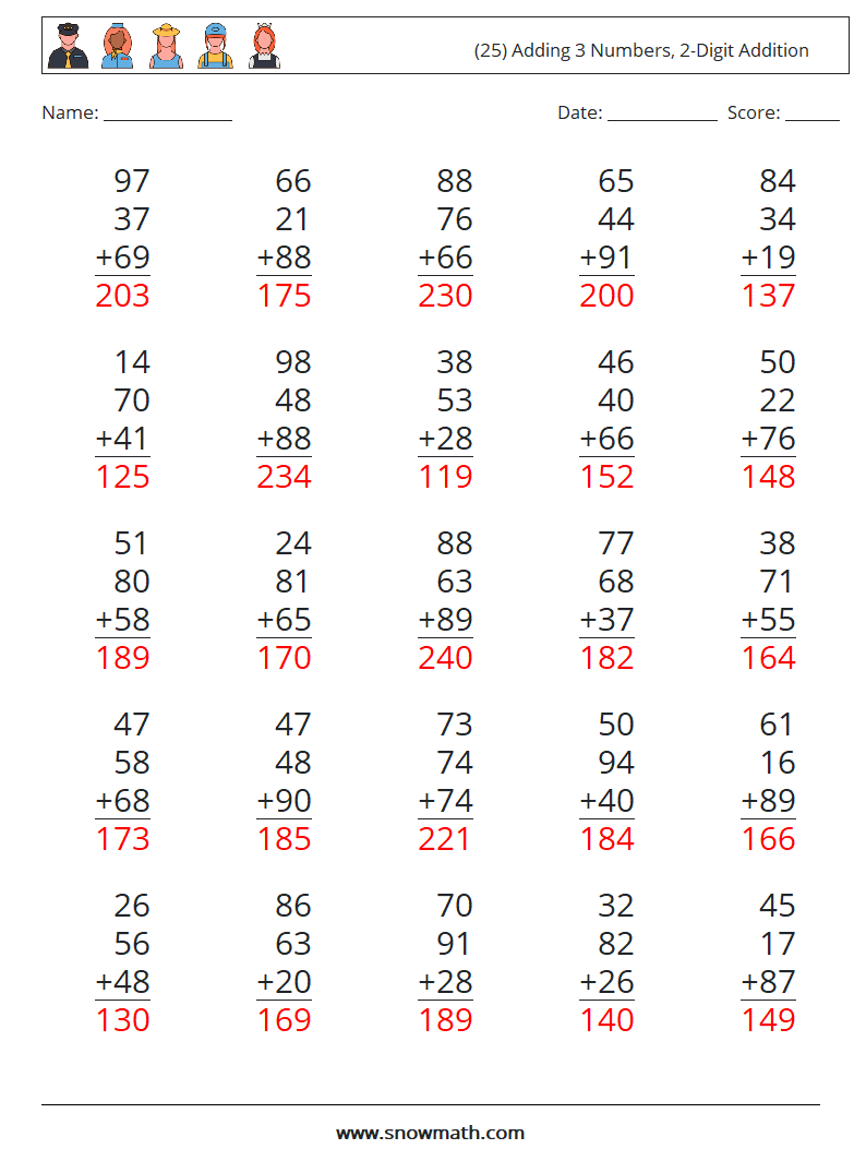 (25) Adding 3 Numbers, 2-Digit Addition Math Worksheets 9 Question, Answer