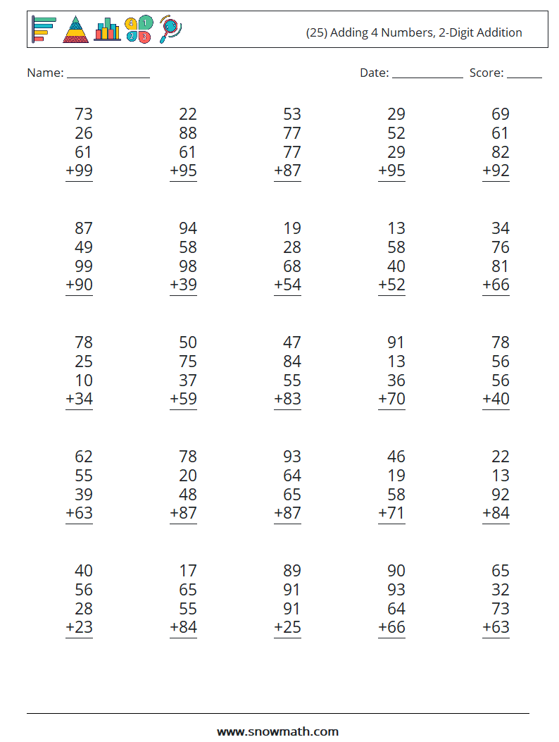 (25) Adding 4 Numbers, 2-Digit Addition Math Worksheets 1