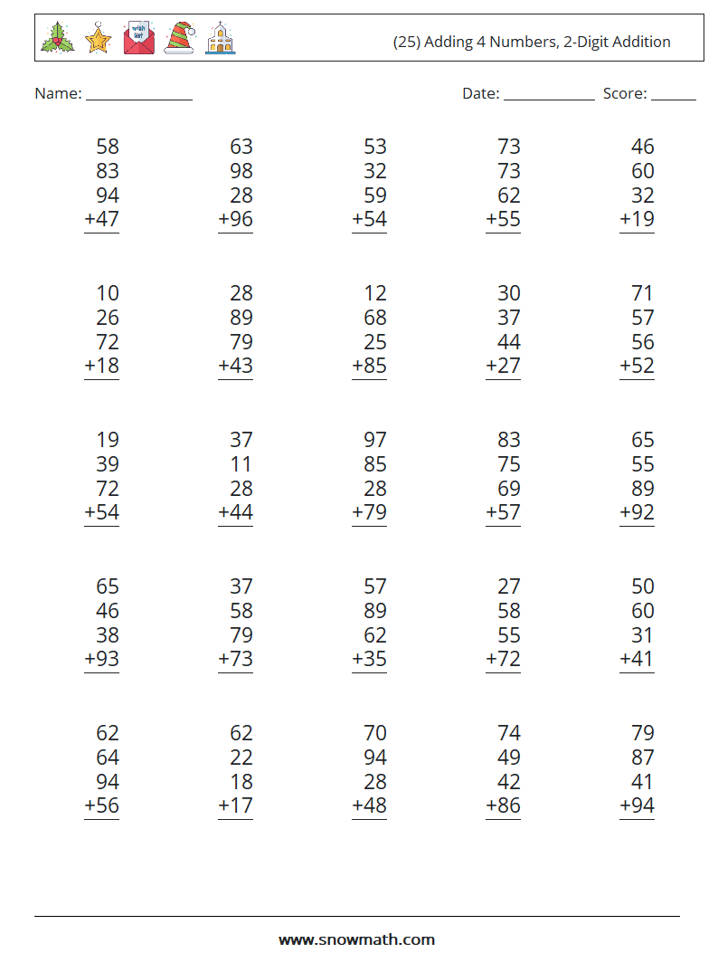 (25) Adding 4 Numbers, 2-Digit Addition Math Worksheets 10