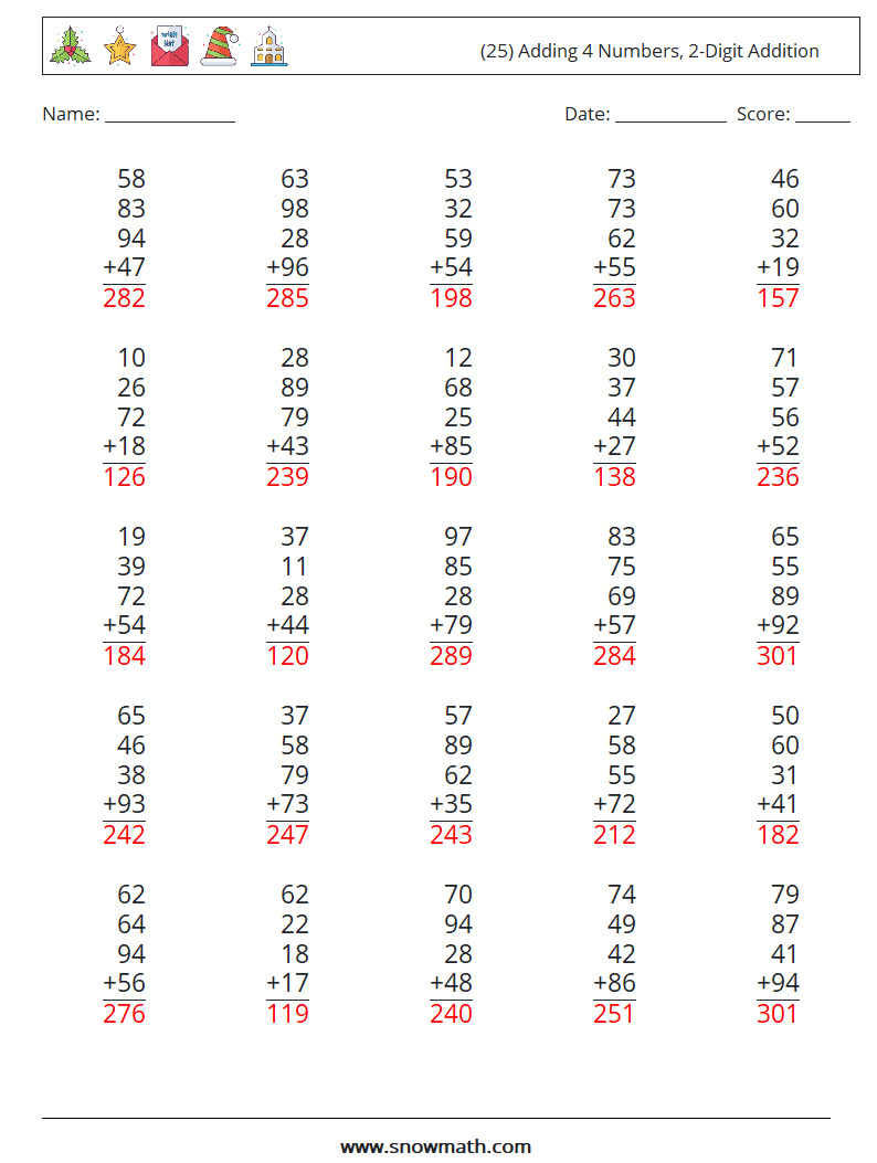 (25) Adding 4 Numbers, 2-Digit Addition Math Worksheets 10 Question, Answer