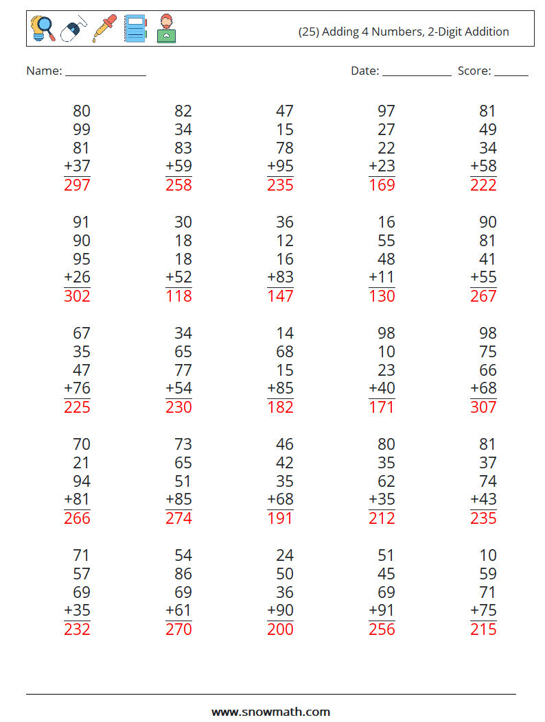 (25) Adding 4 Numbers, 2-Digit Addition Math Worksheets 11 Question, Answer