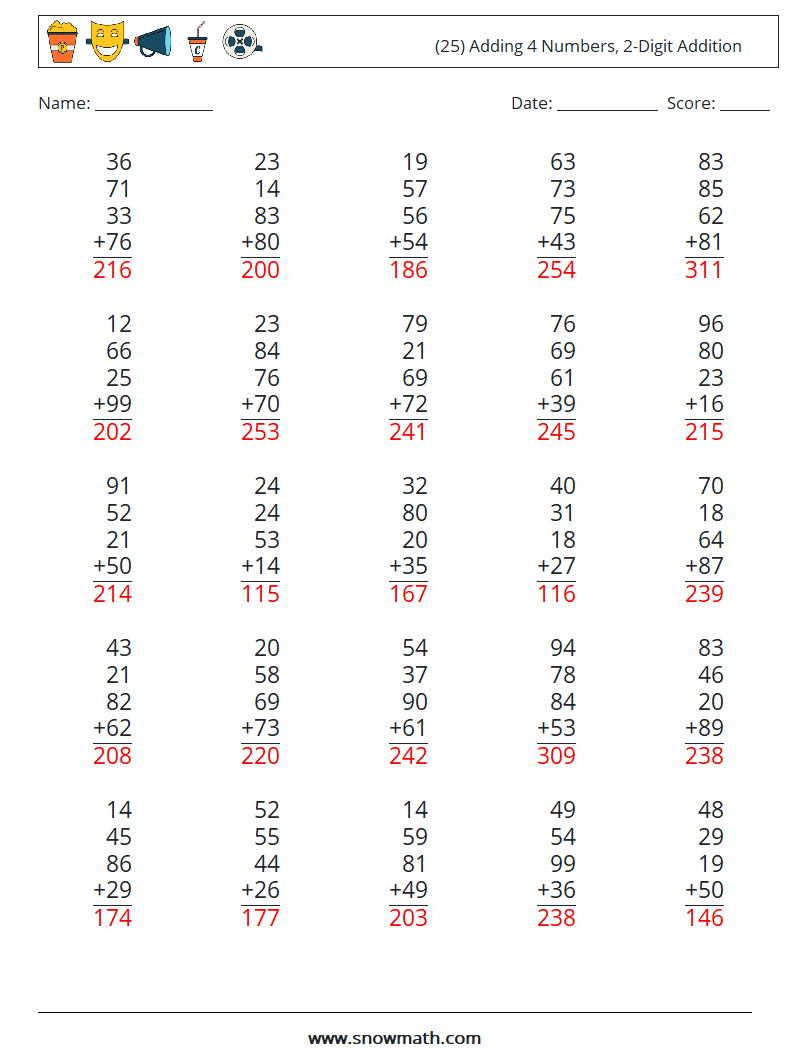 (25) Adding 4 Numbers, 2-Digit Addition Math Worksheets 13 Question, Answer