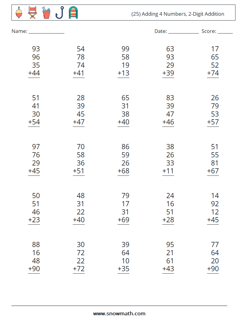 (25) Adding 4 Numbers, 2-Digit Addition Math Worksheets 14