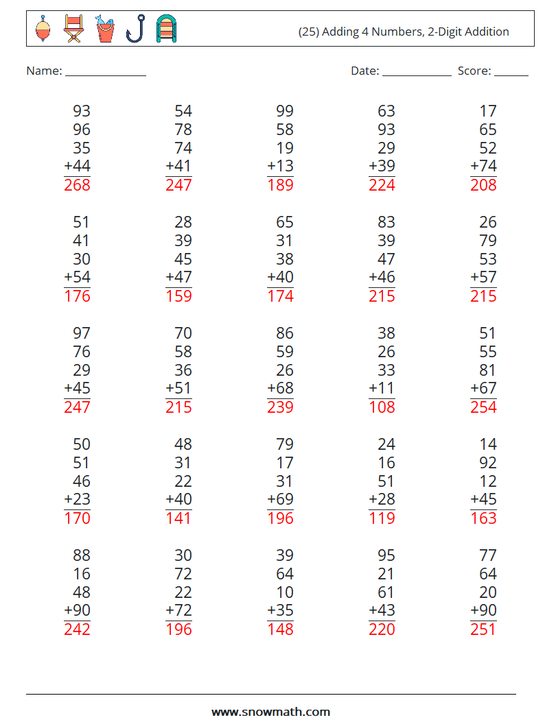 (25) Adding 4 Numbers, 2-Digit Addition Math Worksheets 14 Question, Answer