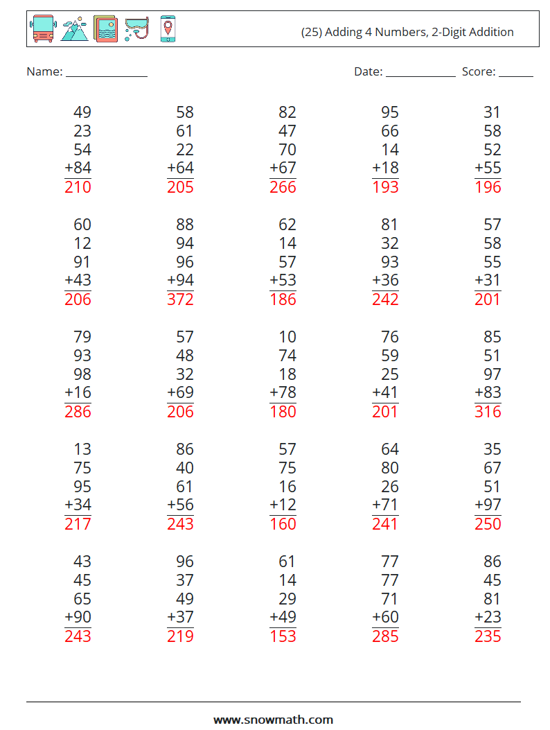 (25) Adding 4 Numbers, 2-Digit Addition Math Worksheets 15 Question, Answer