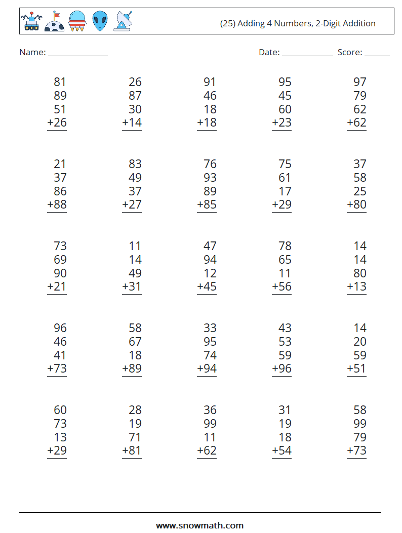 (25) Adding 4 Numbers, 2-Digit Addition Maths Worksheets 16