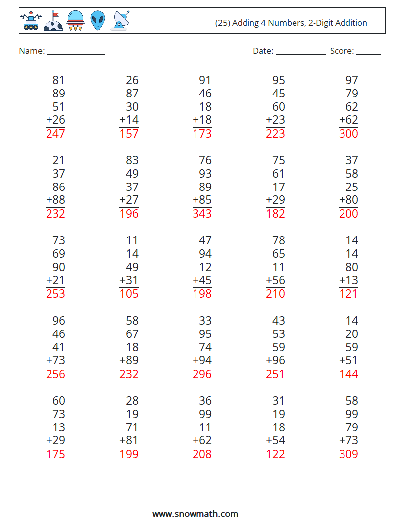 (25) Adding 4 Numbers, 2-Digit Addition Math Worksheets 16 Question, Answer