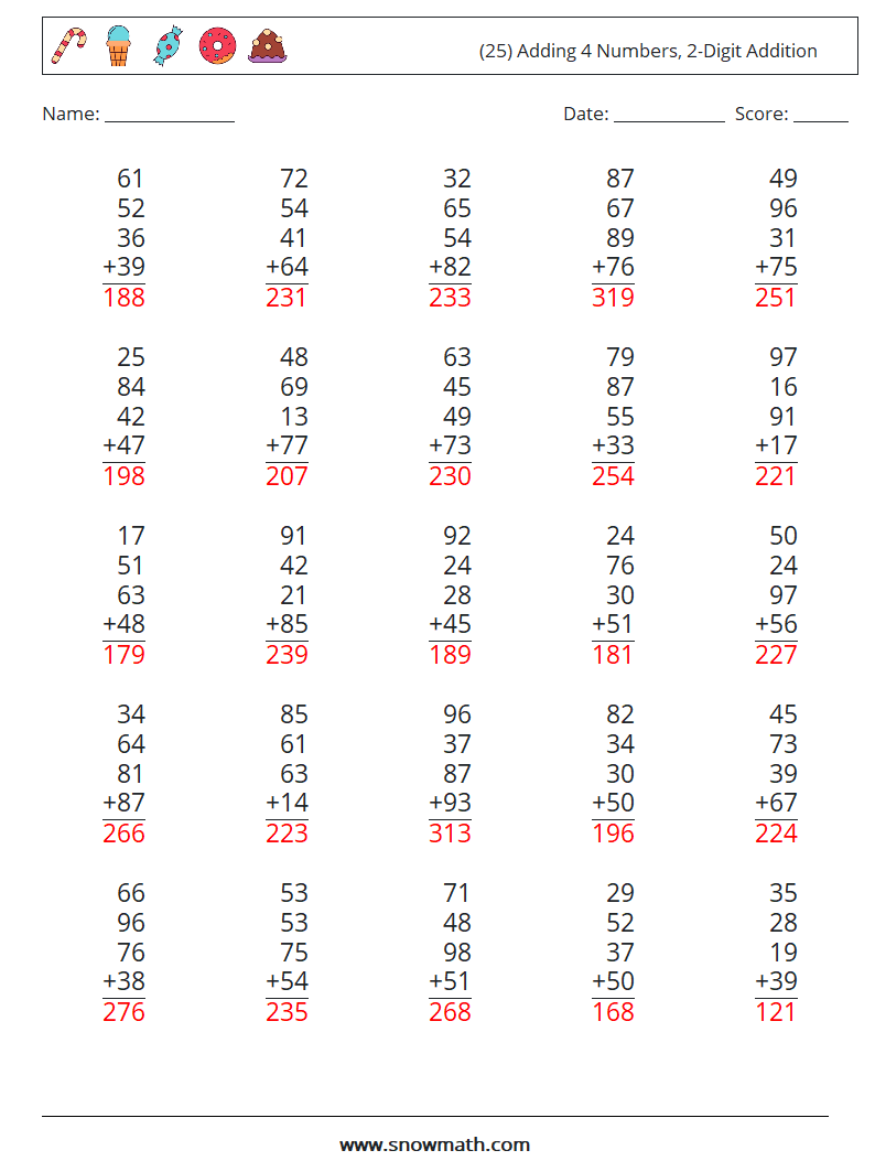 (25) Adding 4 Numbers, 2-Digit Addition Math Worksheets 17 Question, Answer