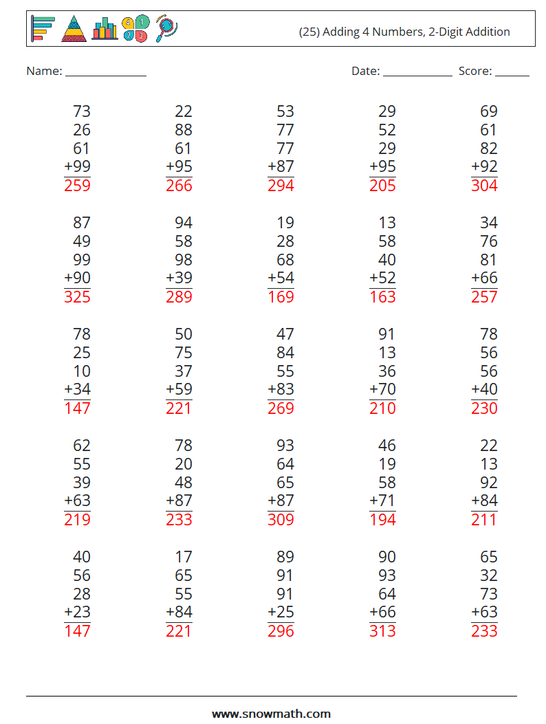 (25) Adding 4 Numbers, 2-Digit Addition Math Worksheets 1 Question, Answer