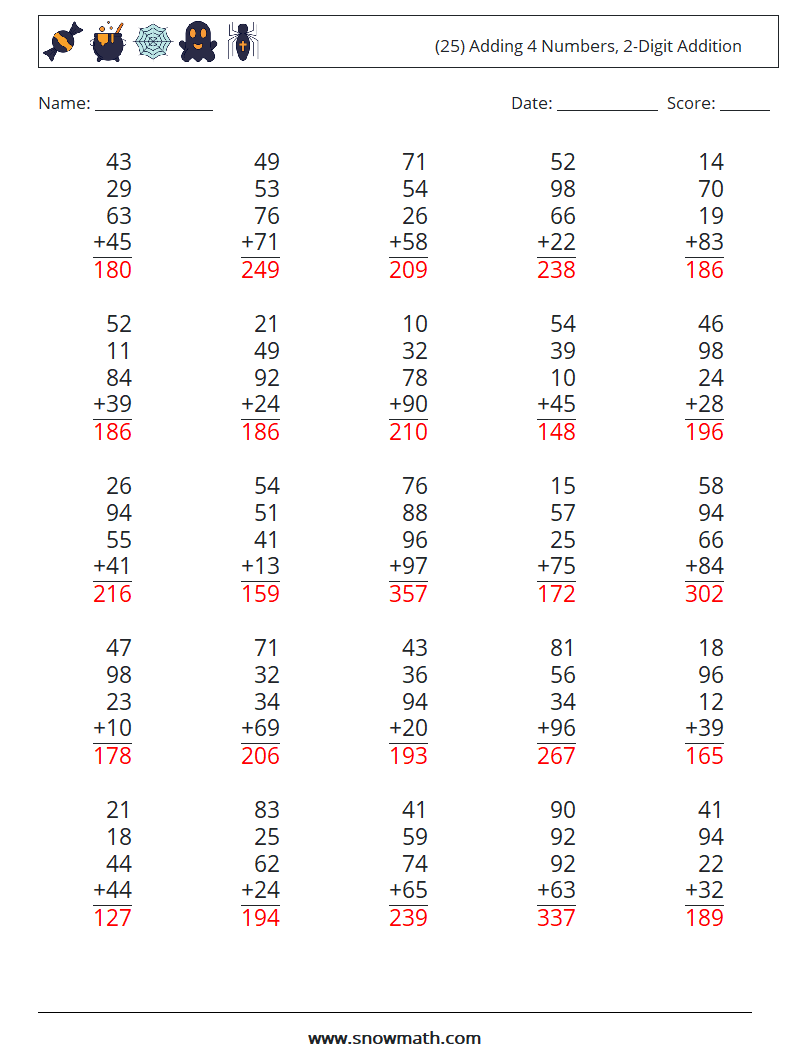 (25) Adding 4 Numbers, 2-Digit Addition Math Worksheets 2 Question, Answer