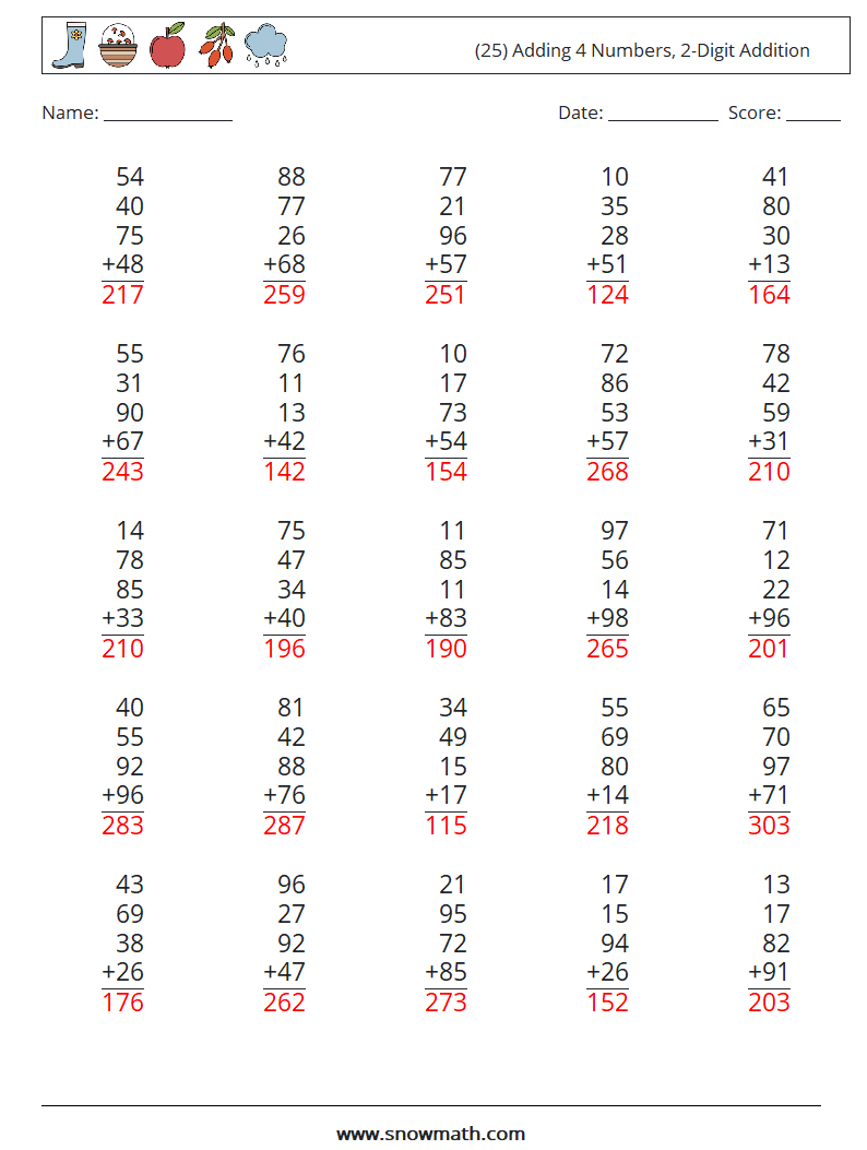 (25) Adding 4 Numbers, 2-Digit Addition Math Worksheets 3 Question, Answer