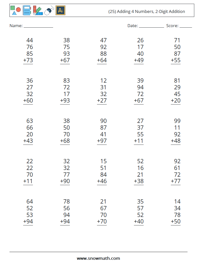 (25) Adding 4 Numbers, 2-Digit Addition Math Worksheets 4