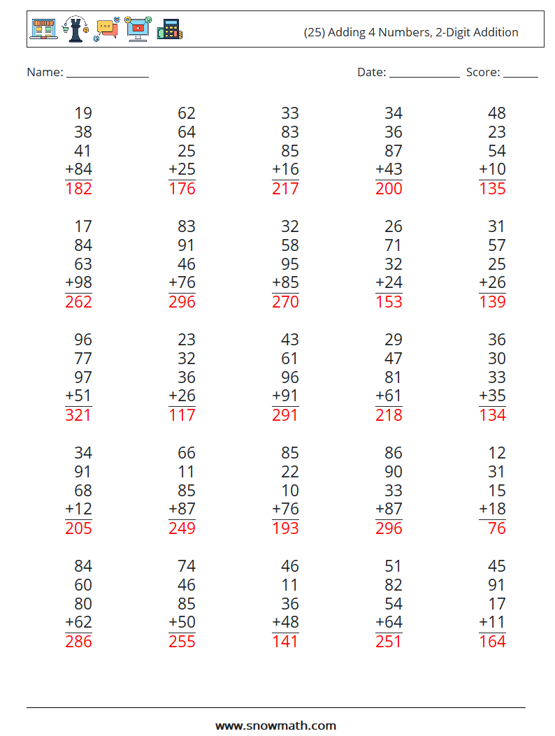 (25) Adding 4 Numbers, 2-Digit Addition Math Worksheets 5 Question, Answer