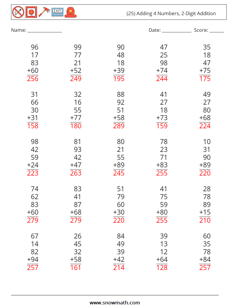 (25) Adding 4 Numbers, 2-Digit Addition Math Worksheets 6 Question, Answer