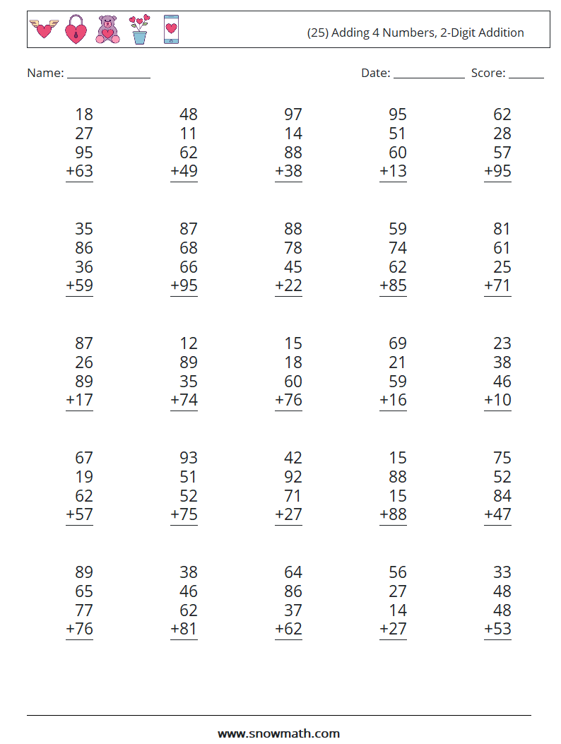 (25) Adding 4 Numbers, 2-Digit Addition Math Worksheets 7