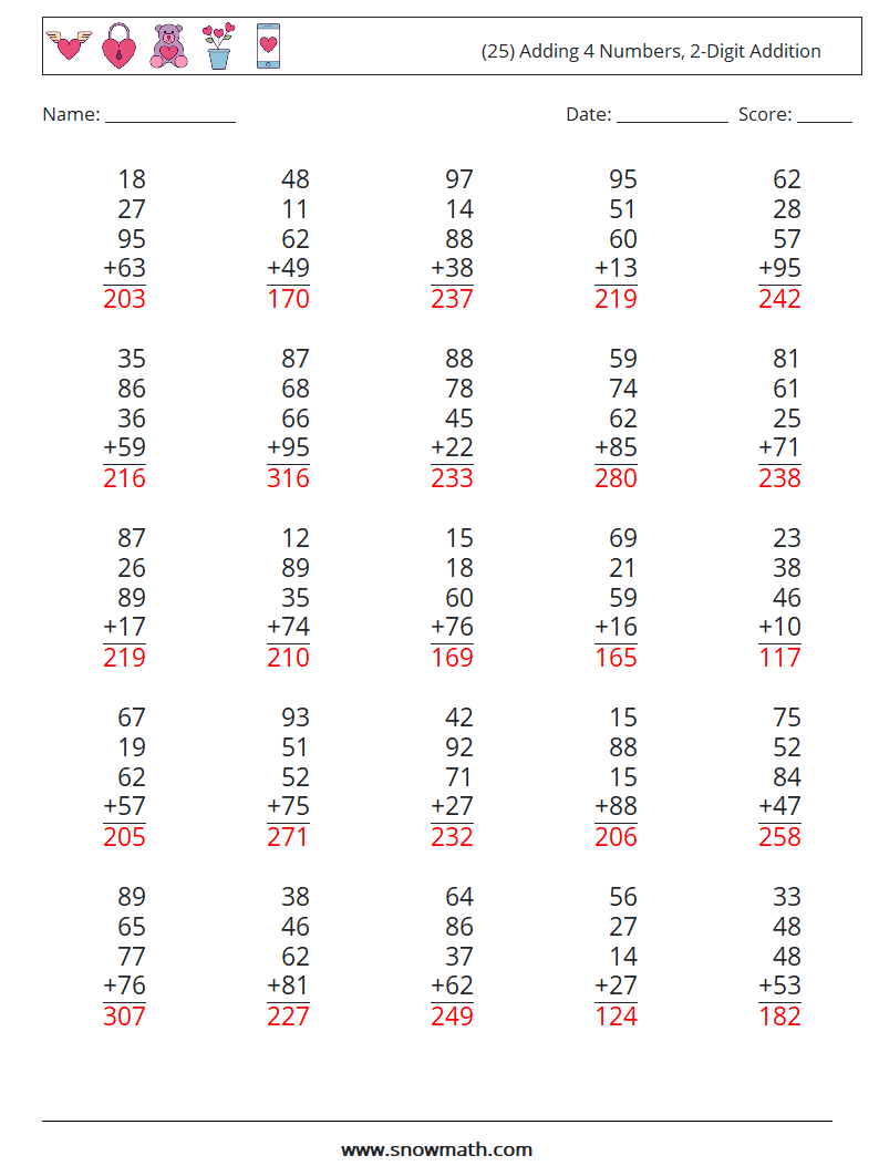 (25) Adding 4 Numbers, 2-Digit Addition Math Worksheets 7 Question, Answer