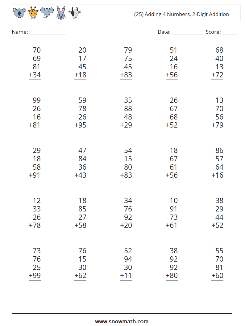 (25) Adding 4 Numbers, 2-Digit Addition Math Worksheets 8