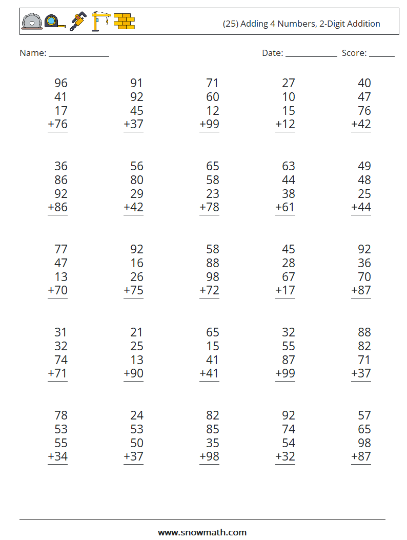 (25) Adding 4 Numbers, 2-Digit Addition Math Worksheets 9