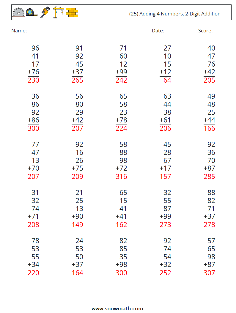 (25) Adding 4 Numbers, 2-Digit Addition Math Worksheets 9 Question, Answer