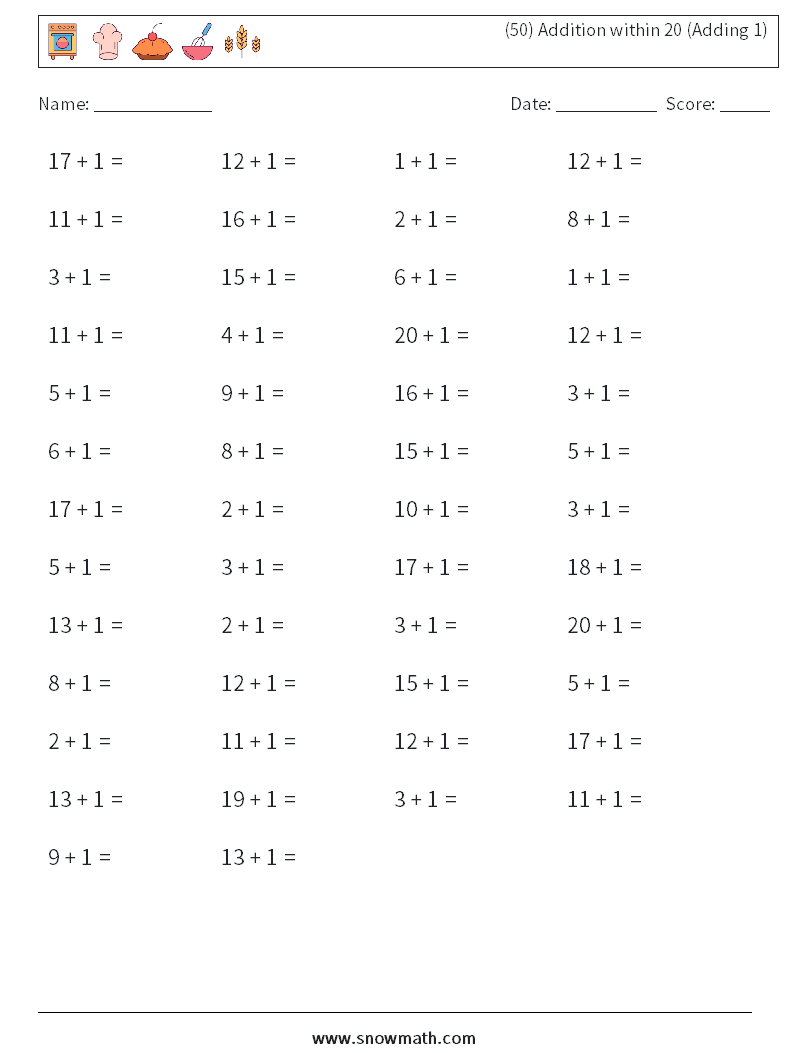(50) Addition within 20 (Adding 1)