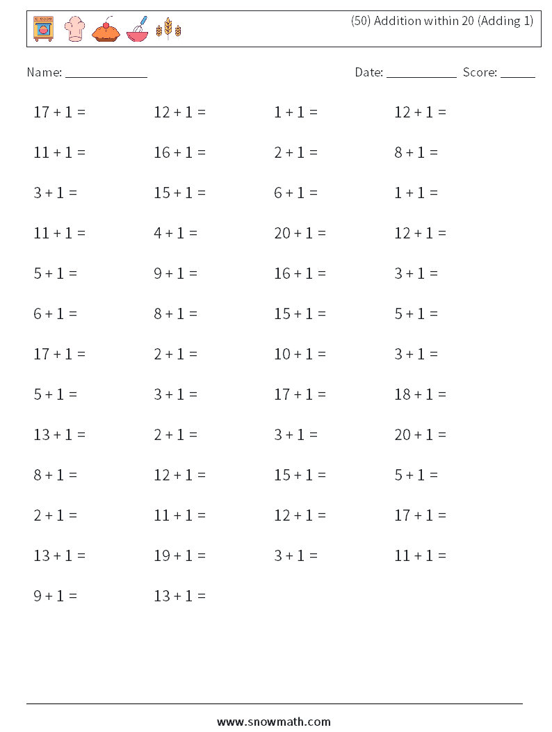 (50) Addition within 20 (Adding 1) Maths Worksheets 1