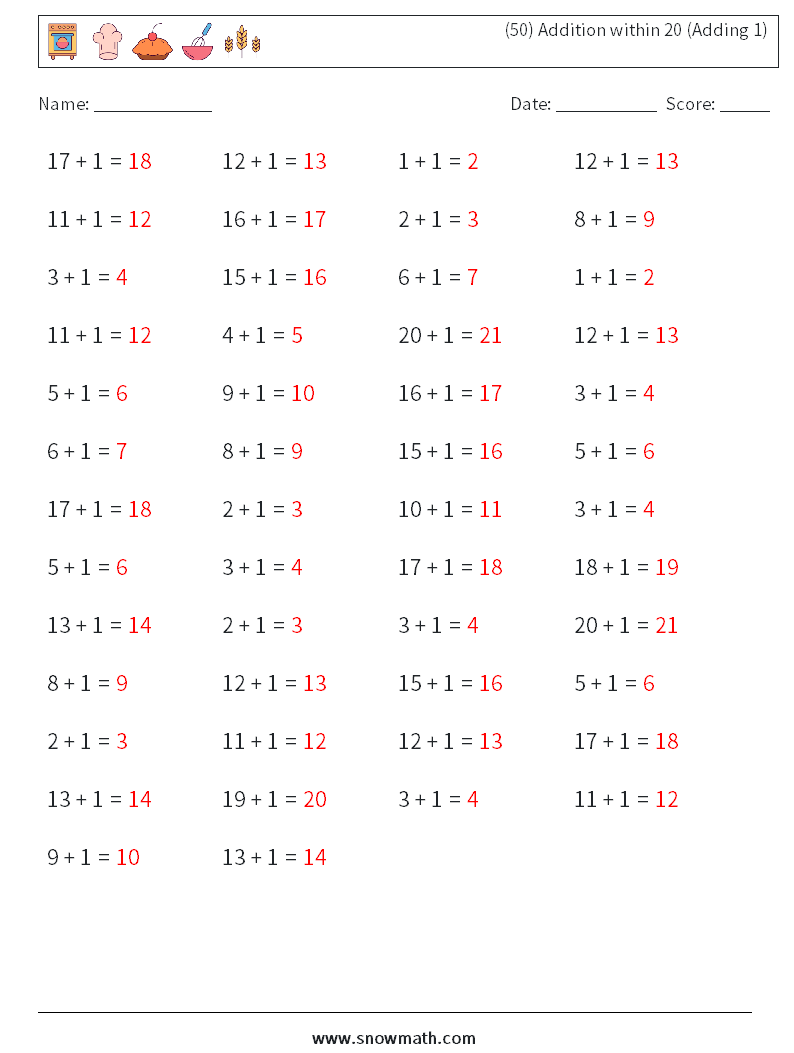 (50) Addition within 20 (Adding 1) Math Worksheets 1 Question, Answer
