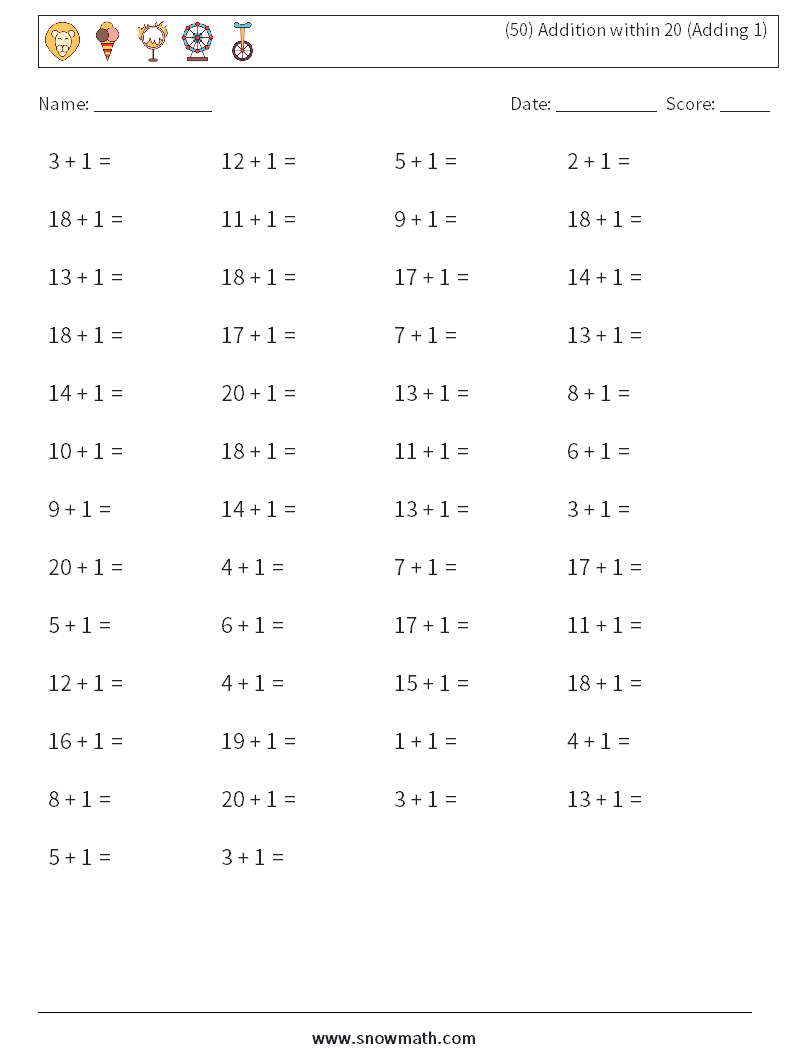 (50) Addition within 20 (Adding 1) Math Worksheets 2