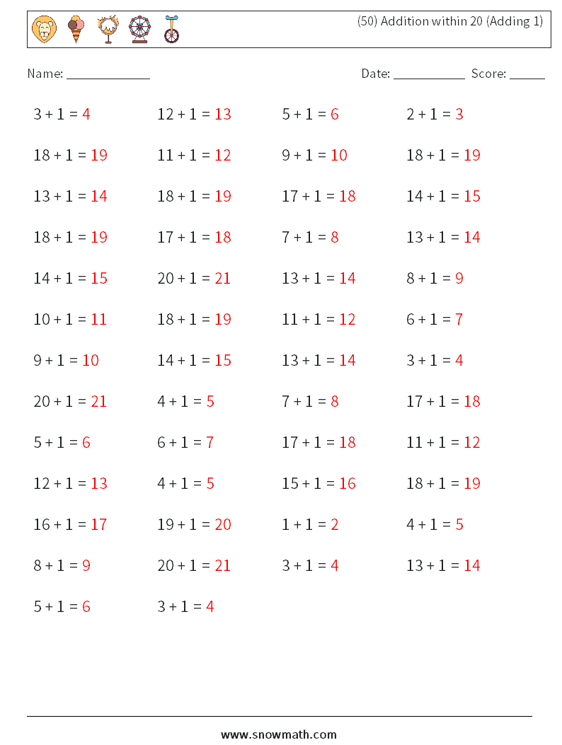 (50) Addition within 20 (Adding 1) Math Worksheets 2 Question, Answer