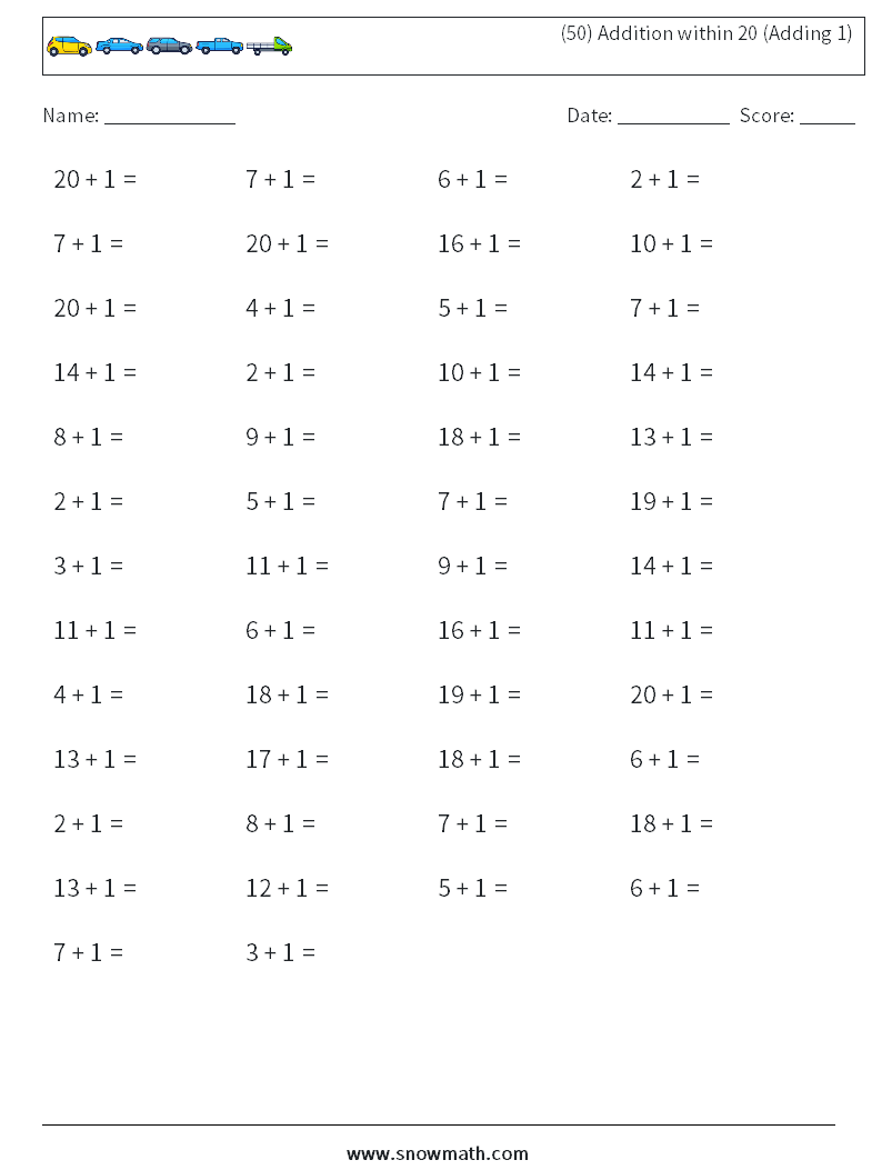 (50) Addition within 20 (Adding 1) Math Worksheets 3