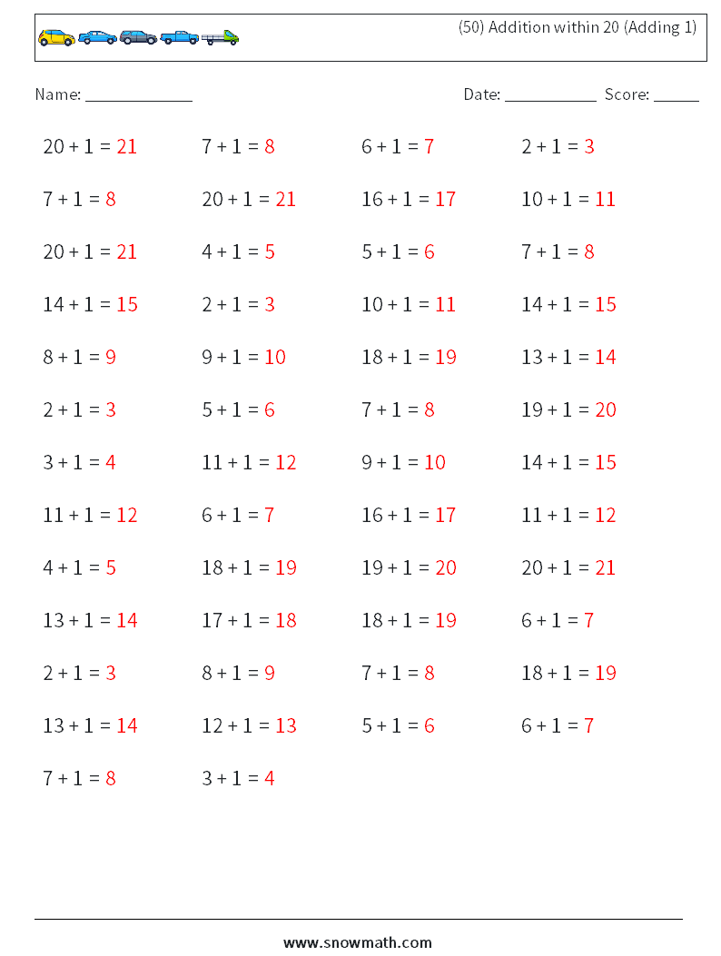 (50) Addition within 20 (Adding 1) Math Worksheets 3 Question, Answer