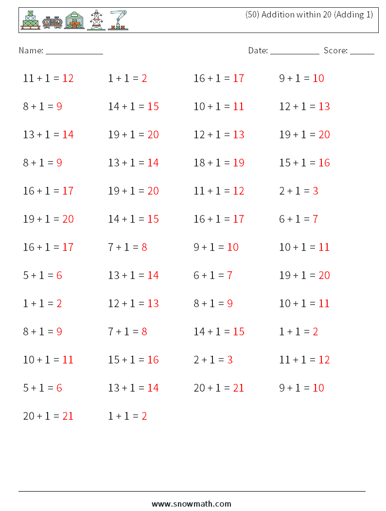 (50) Addition within 20 (Adding 1) Math Worksheets 4 Question, Answer