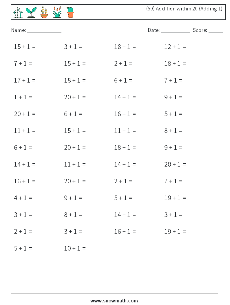 (50) Addition within 20 (Adding 1) Math Worksheets 5