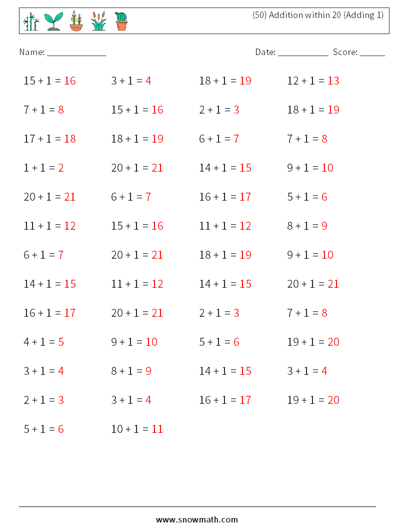 (50) Addition within 20 (Adding 1) Math Worksheets 5 Question, Answer