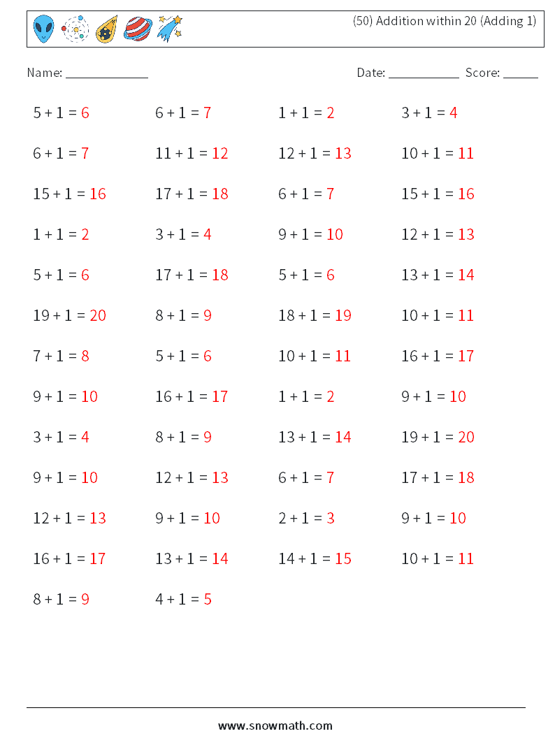(50) Addition within 20 (Adding 1) Math Worksheets 6 Question, Answer