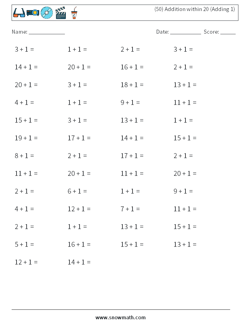 (50) Addition within 20 (Adding 1) Math Worksheets 7