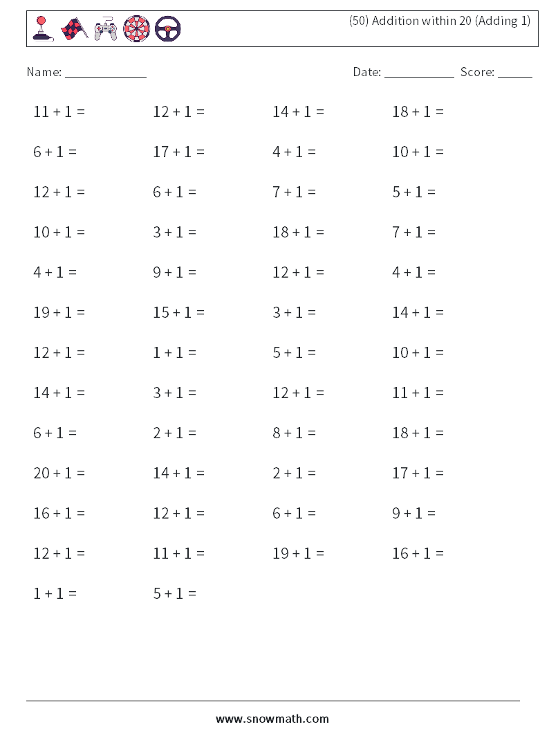 (50) Addition within 20 (Adding 1) Math Worksheets 8