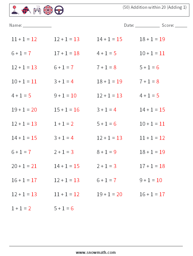 (50) Addition within 20 (Adding 1) Math Worksheets 8 Question, Answer