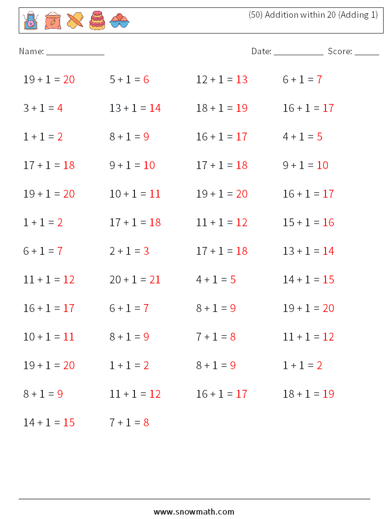 (50) Addition within 20 (Adding 1) Math Worksheets 9 Question, Answer