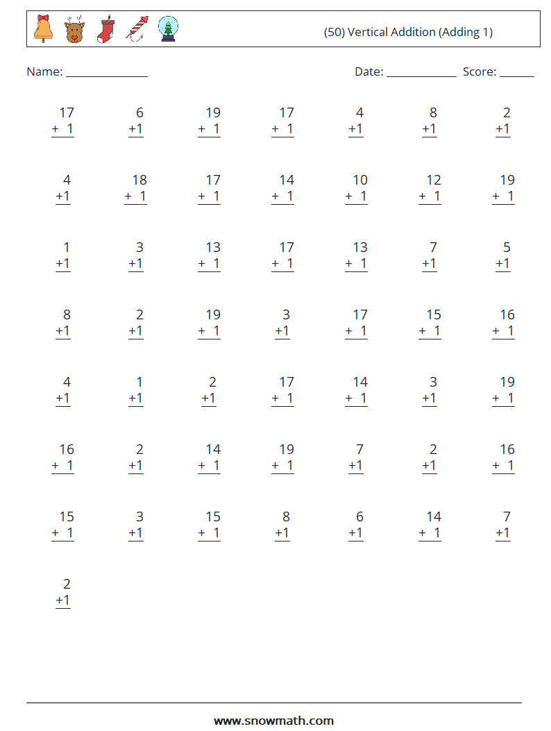 (50) Vertical  Addition (Adding 1) Maths Worksheets 1