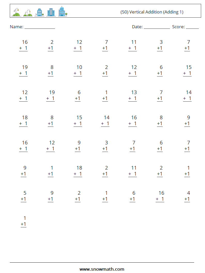 (50) Vertical  Addition (Adding 1) Math Worksheets 12