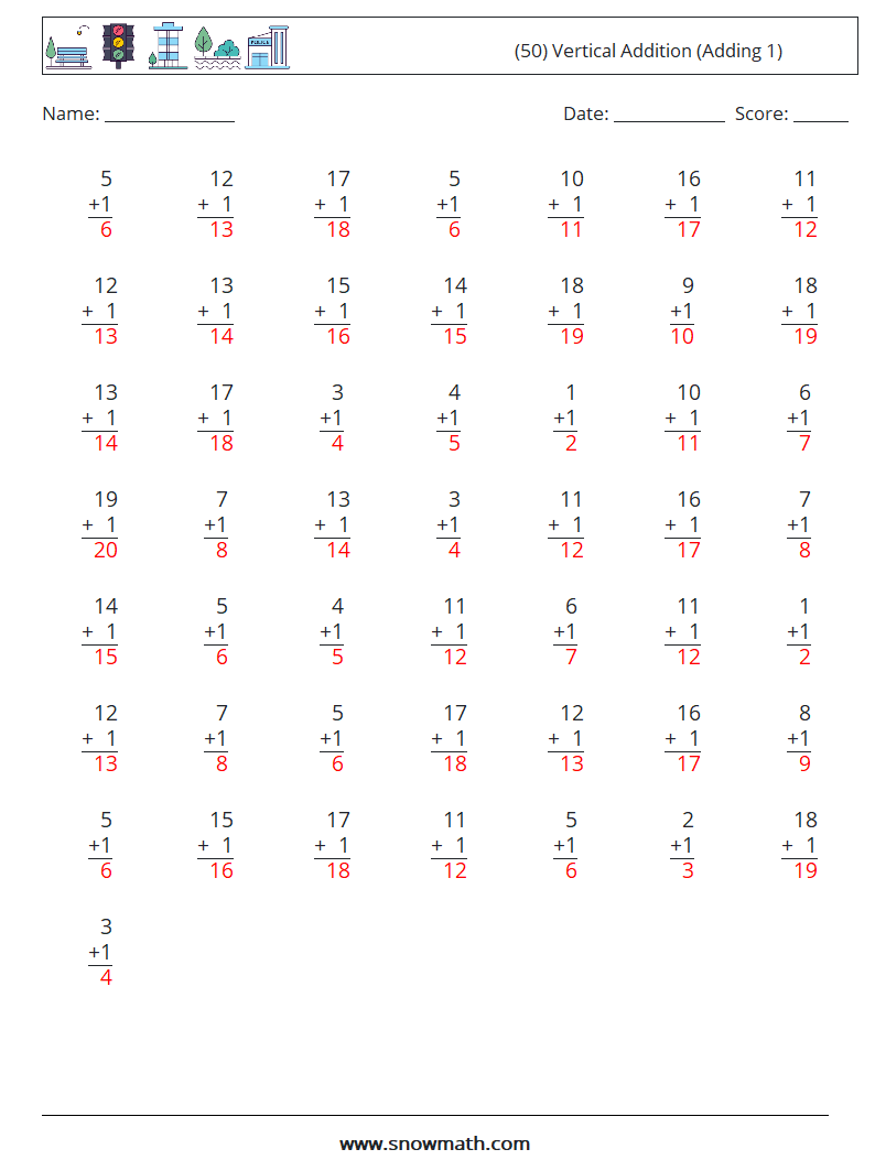(50) Vertical  Addition (Adding 1) Math Worksheets 14 Question, Answer