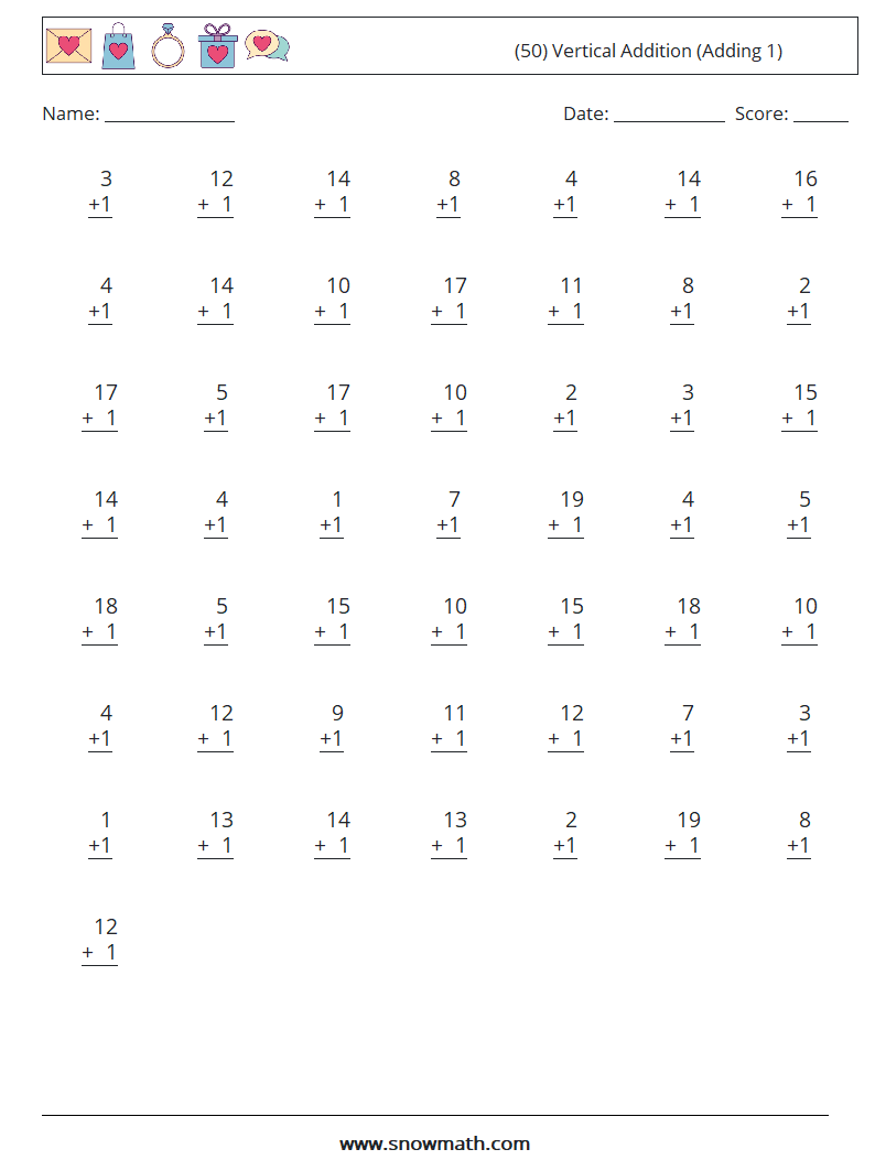 (50) Vertical  Addition (Adding 1) Maths Worksheets 15