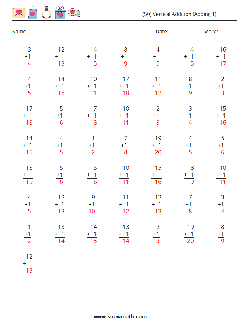(50) Vertical  Addition (Adding 1) Math Worksheets 15 Question, Answer