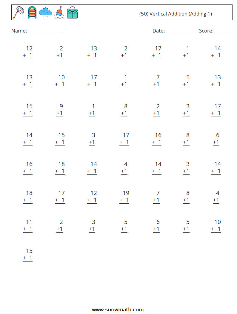 (50) Vertical  Addition (Adding 1) Maths Worksheets 17