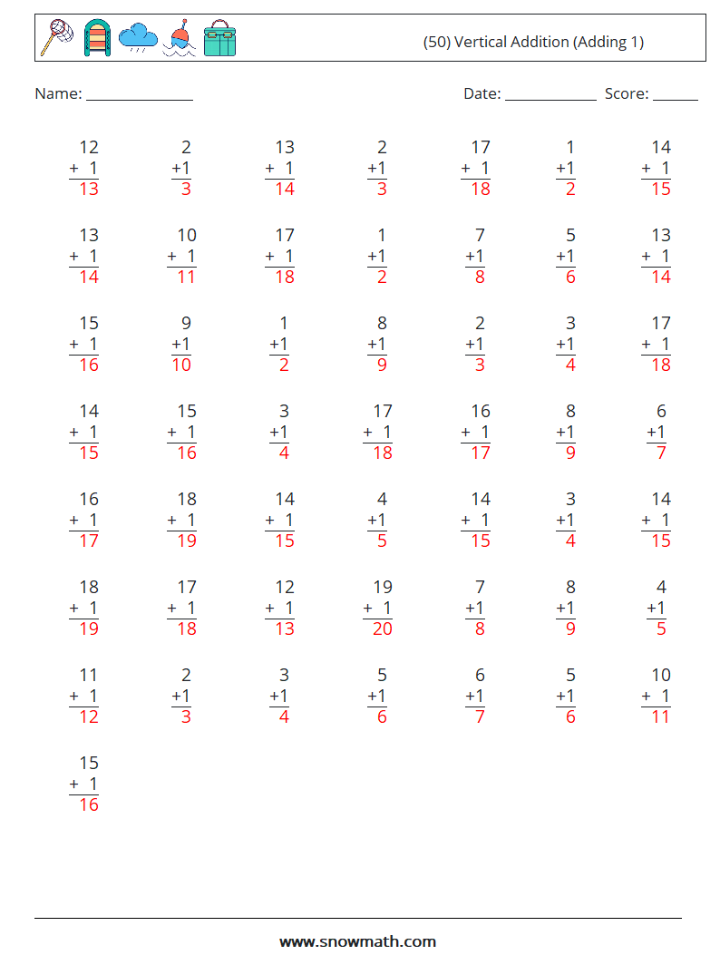 (50) Vertical  Addition (Adding 1) Math Worksheets 17 Question, Answer